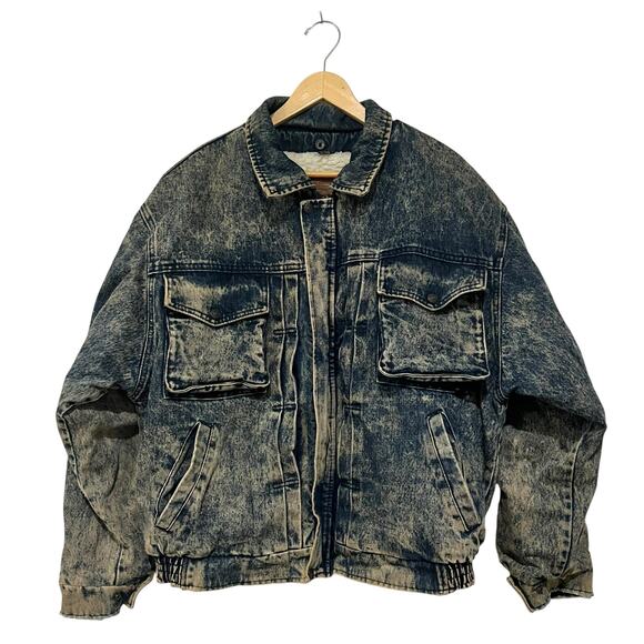LEVIS Vintage 80s Acid Wash Denim Jean Jacket Sherpa Lined Cargo Utility Men’s L - Picture 1 of 12